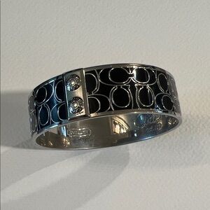 Coach Black Enamel Silver-Tone Wide Bangle Bracelet